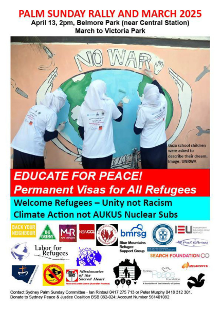 Three Gaza school children paint on a wall the planet Earth surrounded by arms protecting it from bombs and the words No War.