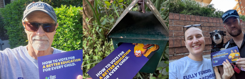 People distribute leaflets saying 'How to vote for a better education for every child' in mailboxes during 2025 the elections