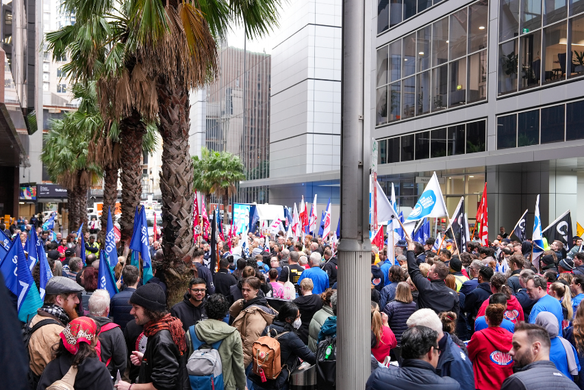 Crowds of protesters take over Martin Place in Sydney in the rally to oppose the threat to workers compensation in NSW.