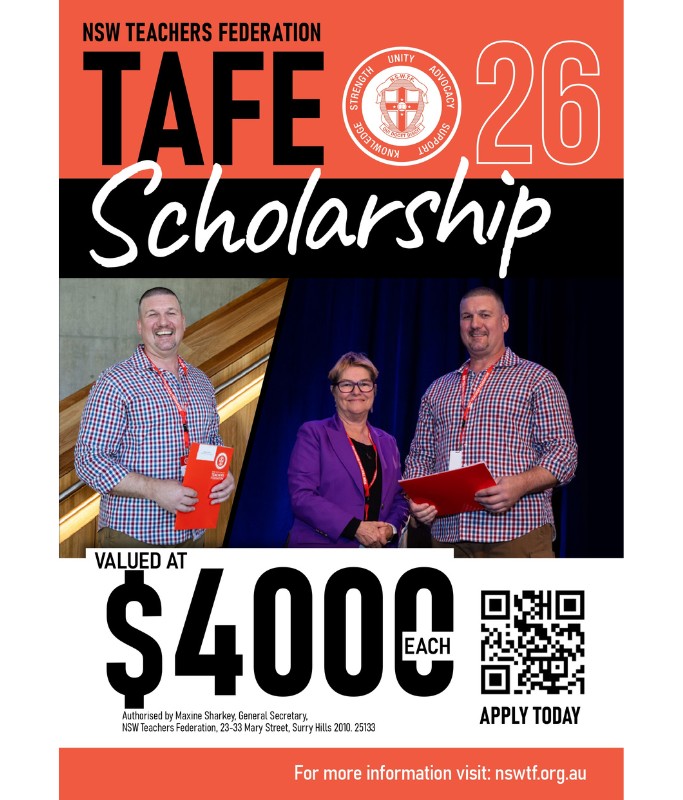 NSWTF General Secretary has presented a member at Wetherill Park TAFE College with Federation’s inaugural TAFE Teacher Scholarship.