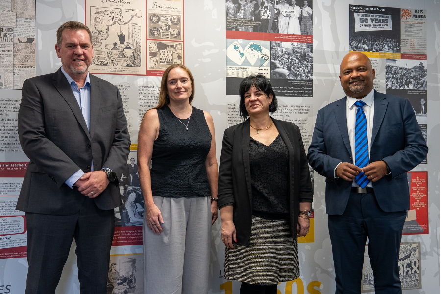 NSW Teachers Federation executives Michael de Wall, Mel Smith and Henry Rajendra, along with the Cuban Ambassador Gilma Moreira Lino.