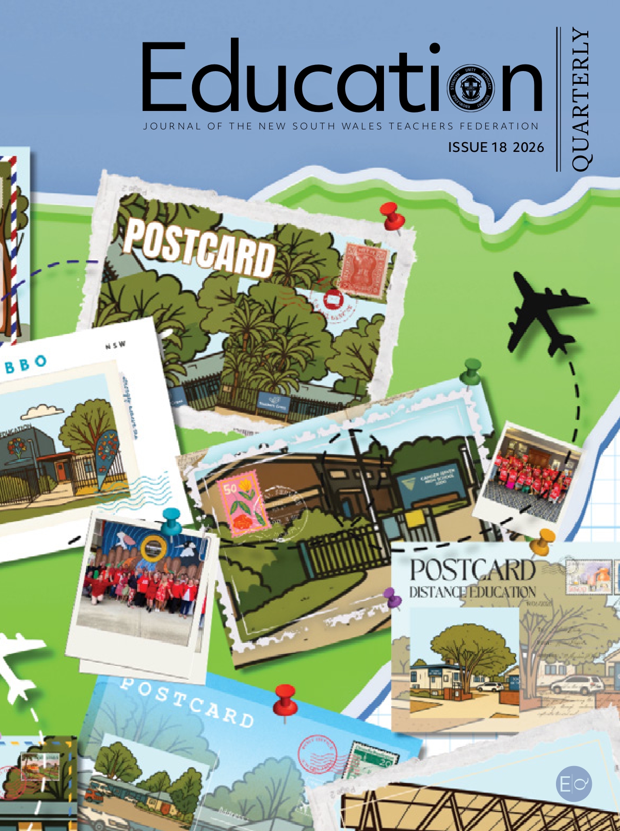 The cover of issue 18 of the NSW Teachers’ Federation’s magazine, Education Quarterly, features a number of postcards.